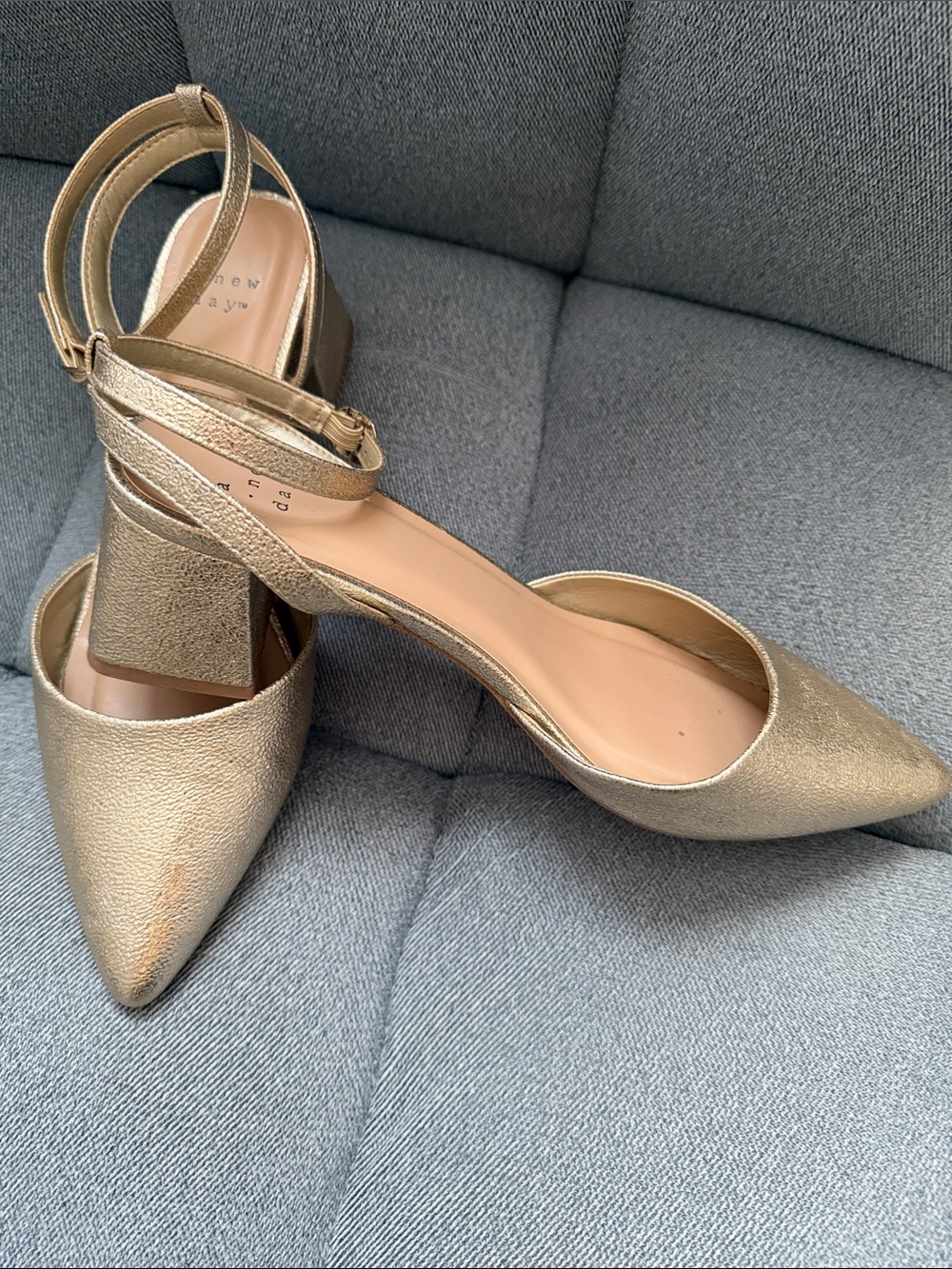 a new day Metallic Gold Pointed Block Heel Ankle-Strap Pumps - size 9.5